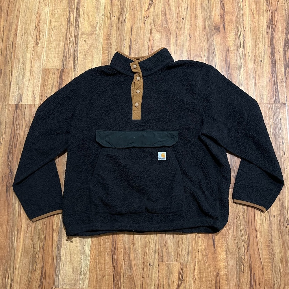 Carhartt Men’s Black Sherpa Zip Pullover with Brown Trim
